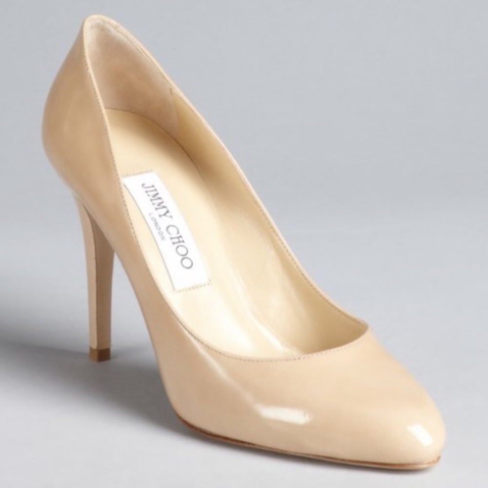 Jimmy Choo Nude Patent Almond Toe Pumps 85mm